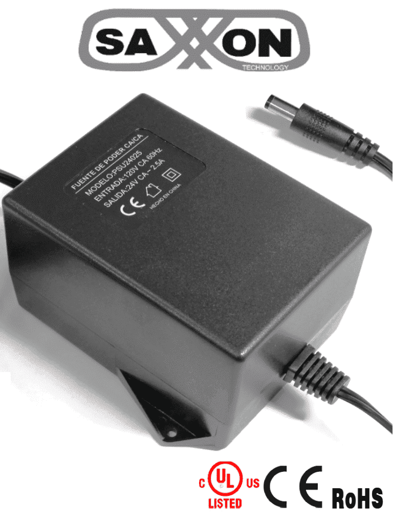 SAXXON PSU24025 - Fuente de Poder de 24 Vca a 2.5 Amperes/ Cable de 2.5 Metros/ Entrada 110 Vca/ Protección contra Sobre Cargas/ SAXXON PSU24025 - Fuente de Poder de 24 Vca a 2.5 Amperes/ Cable de 2.5 Metros/ Entrada 110 Vca/ Protección contra Sobre Cargas/